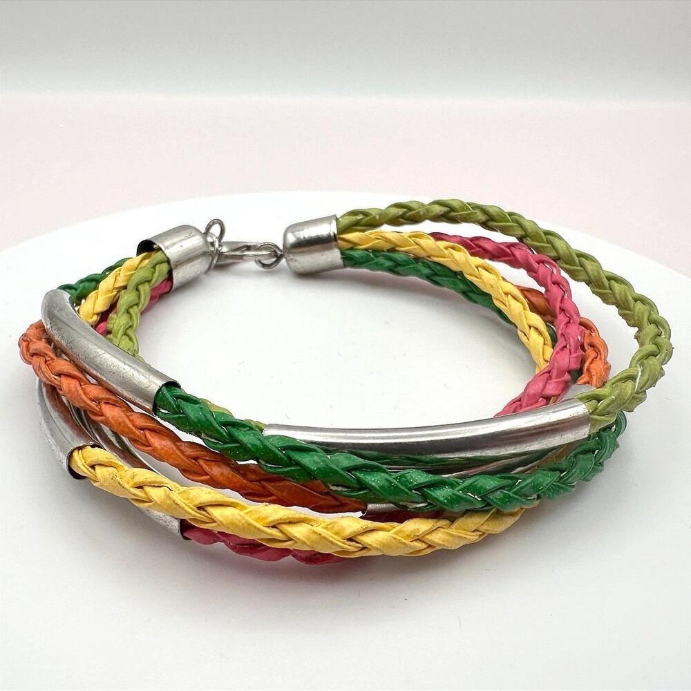 Vintage Y2K Silver-Tone Tube Multi-Strand Braided Faux Leather Bracelet Jewelry